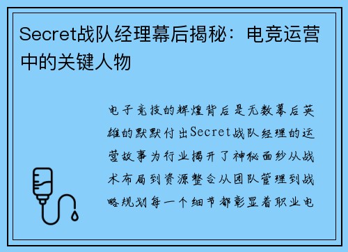 Secret战队经理幕后揭秘：电竞运营中的关键人物