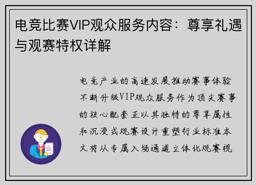 电竞比赛VIP观众服务内容：尊享礼遇与观赛特权详解